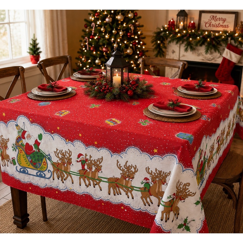 Vtg Christmas Tablecloth 76x70 Santa Sleigh Reindeer Elves Red Holiday Cotton